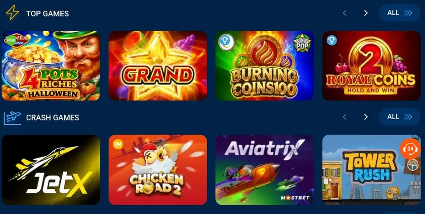 Лобби казино Mostbet: топ игр и краш-игры
